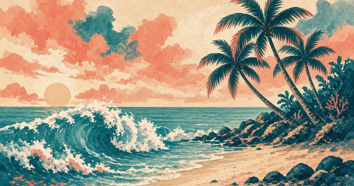 Illustrated travel-poster wave for Surf