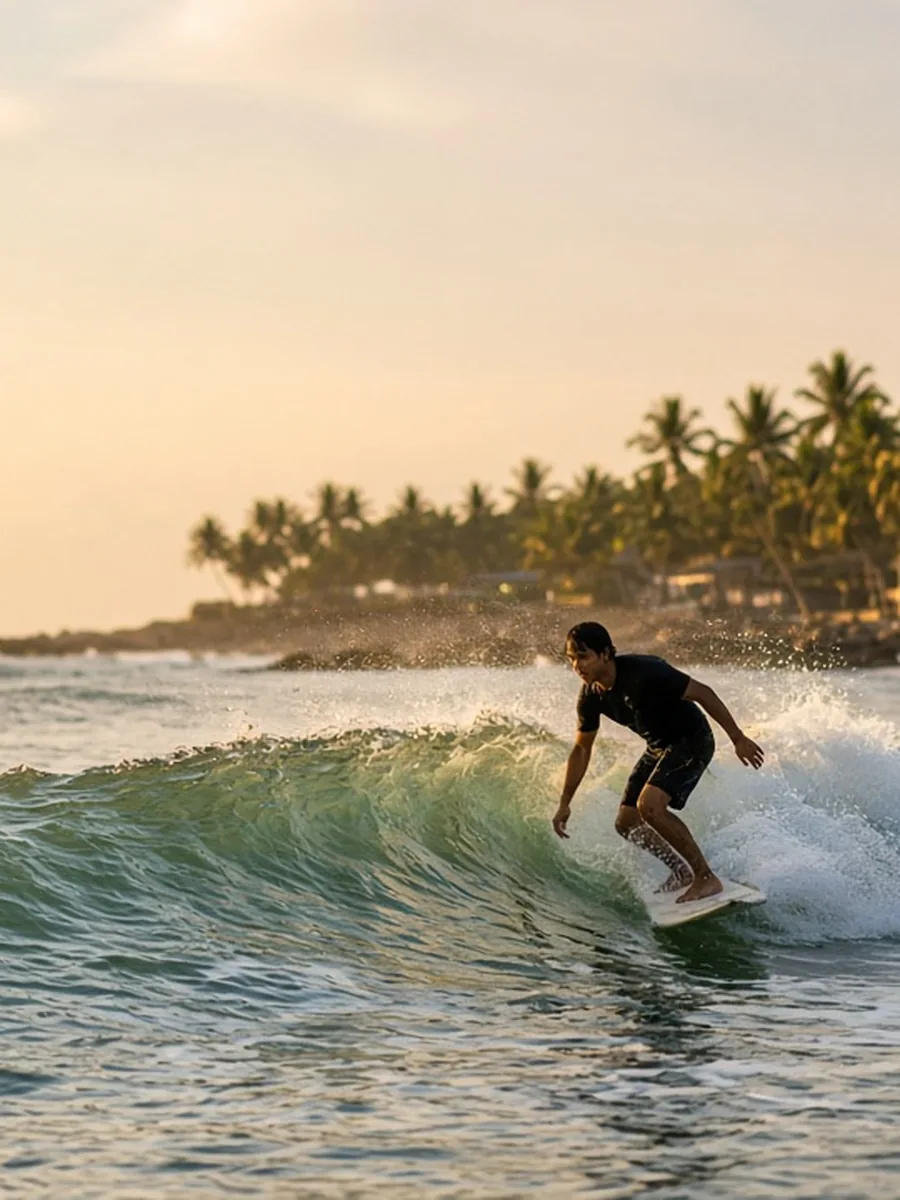 Surfer riding a golden-hour wave off a palm-lined Philippine shore