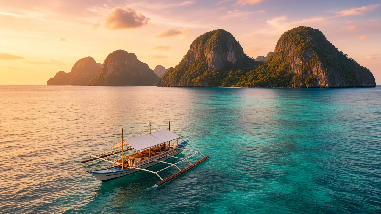 Outrigger bangka on turquoise water before limestone islands at sunset