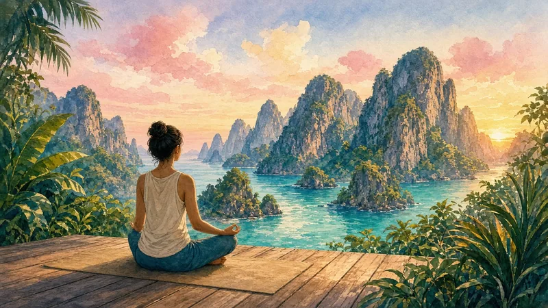 Painted travel poster: yoga on a wooden deck facing limestone cliffs and a lagoon