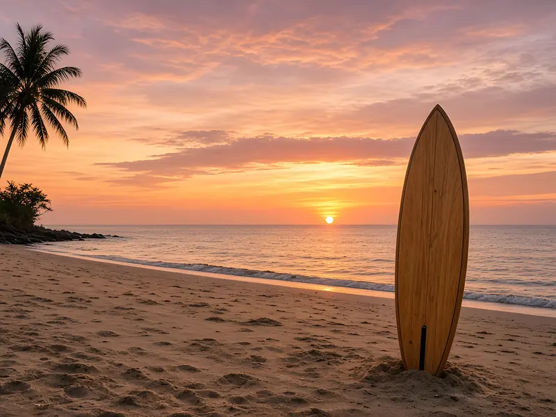 A surfboard in the sand at golden hour on a Siargao beach