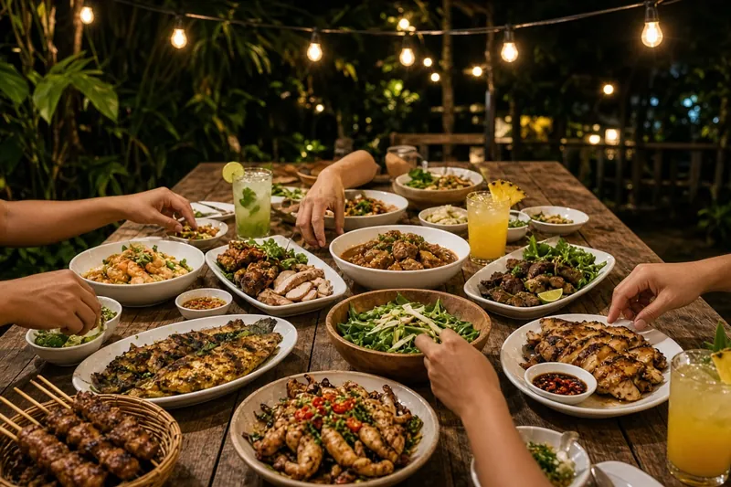 A long table of shared Filipino plates and fresh drinks under string lights