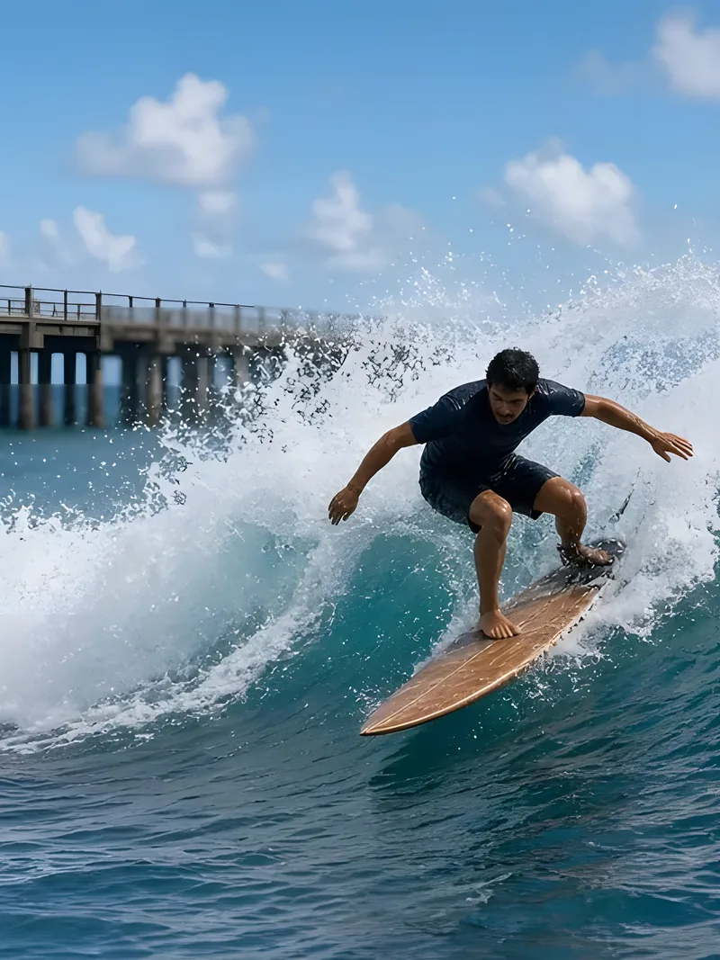 A surfer carving a turn beside the Cloud 9 boardwalk
