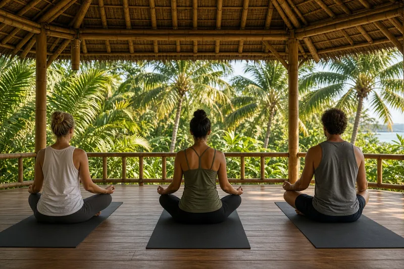 Three guests on mats in an open-air bamboo yoga shala