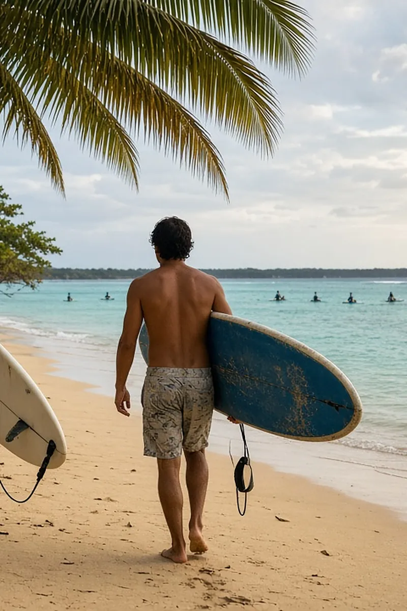 Two surfers walking down the beach with boards toward the lineup