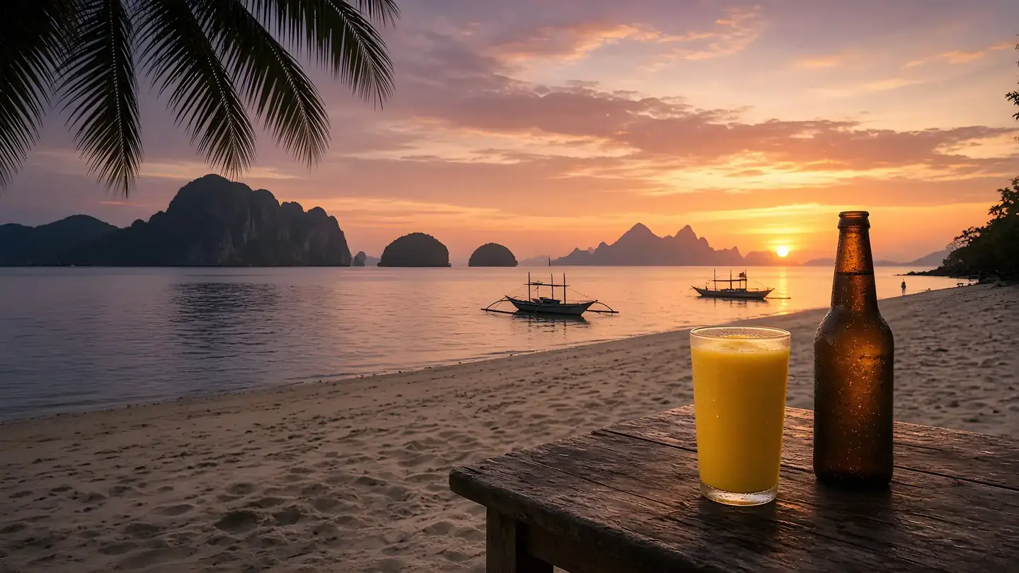 A cold drink on a wooden table at Corong-Corong beach as the sun sets behind the islands