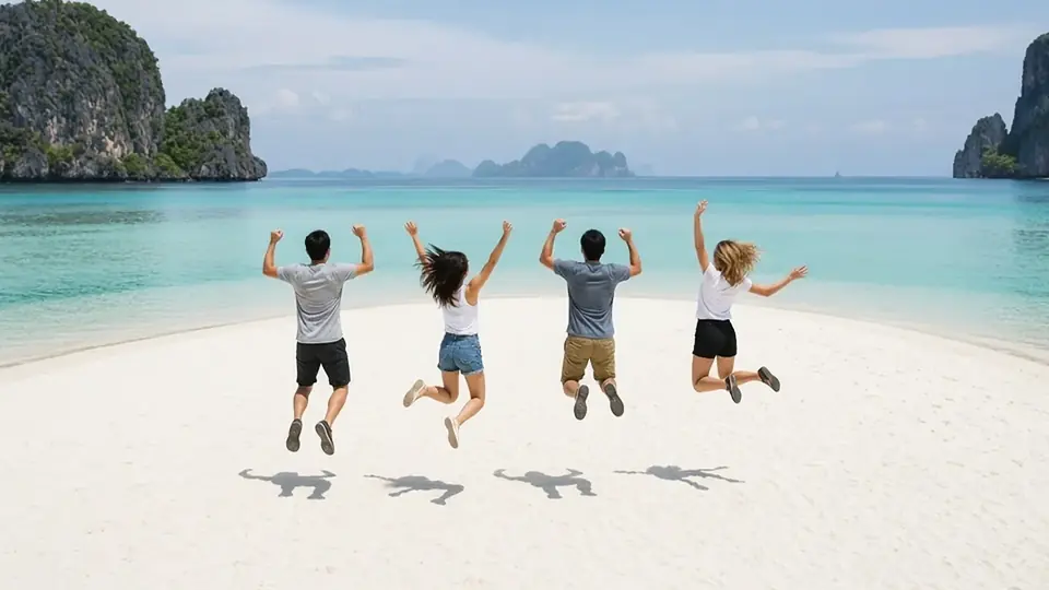 Four friends jumping mid-air on a white sandbar