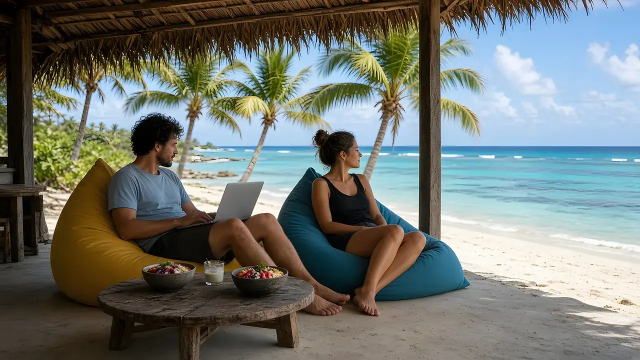 Two guests on bean bags at the beach bar, one working on a laptop, smoothie bowls on the table